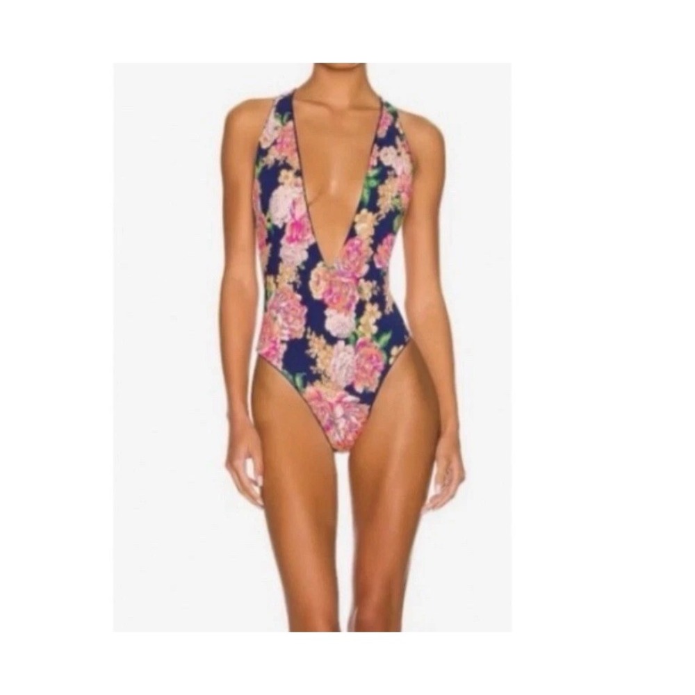 NWOT Maaji Blue Tiki Reversible One Piece Swimsuit Blue floral print size M